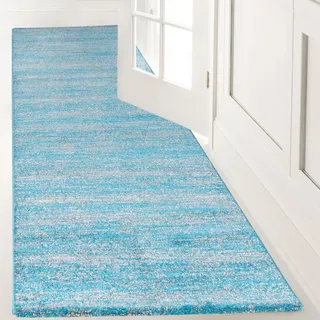 VIMODA Teppich Grau Türkis Kurzflor Meliert Farbecht Pflegeleicht, Maße:80 x 300 cm