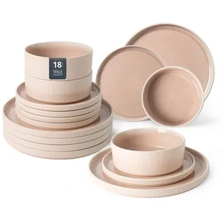Geschirr-Set OTTO HOME "Ylvii, außen matt, innen reaktiv glasiert", reactive pink, 18, Steinzeug, Geschirr-Sets, Geschirr-Set, Riffeloptik, spülmaschinenfest und mikrowellengeeignet