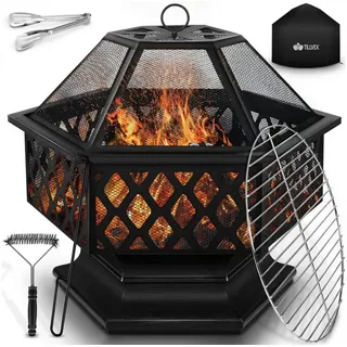 tillvex Feuerschale mit Funkenschutz | Feuerstelle Outdoor für den Garten 4 in 1 BBQ Grill mit Abdeckung, Schürhaken, Zange | Kohlerost