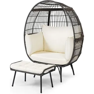 COSTWAY Korbsessel Polyrattan mit Hocker, übergroßer Gartensessel mit Kissen und Metallgestell, Rattansessel, Loungesessel für Balkon Garten Terrasse - Braun, Weiß