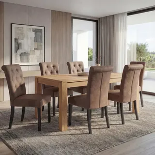 6er-Set Esszimmerstuhl Chesterfield II, Stuhl Küchenstuhl, Nieten Stoff/Textil braun, dunkle Beine - Braun