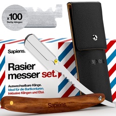 Sapiens Barbershop Bart Rasierer Herren - Rasiermesser mit Weschelklinge - Barber Rasierer + 100 Derby Rasierklingen (1 Jahr Rasur) + Tragetasche - Single Blade Razor Schwarze Edition