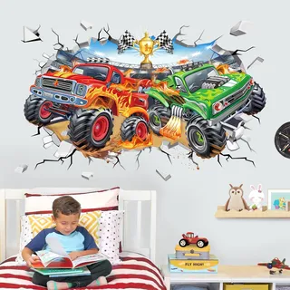wondever Wandtattoo 3D Autos Groß Wandaufkleber Rennwagen Fahrzeuge Lastkraftwagen Traktor Wandsticker Wanddeko für Kinderzimmer Jungen Babyzimmer Spielzimmer