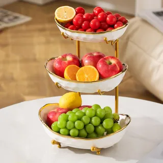 Simcat 3-Schicht Obstschale Keramik mit Metallgestell - Etagere Dekoschale für Küche/Wohnzimmer, Serviert Obst/Gemüse/Snacks, Geschenkfertig (White)
