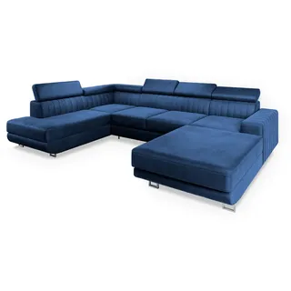 Masseno Wohnlandschaft Siena L-S Blau Velours-Stoff mit Schlaffunktion , Holz , U-Form , 335x89x190 cm , Wohnzimmer, Sofas & Couches, Wohnlandschaften, Wohnlandschaften in U-Form