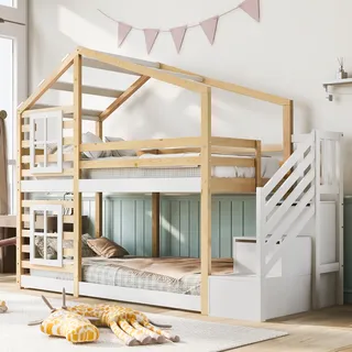 Kinderbett Baumhaus 90 x 200 cm, Etagenbett für Kinder in Fensterbauweise mit Speicherung und Rausfallschutz