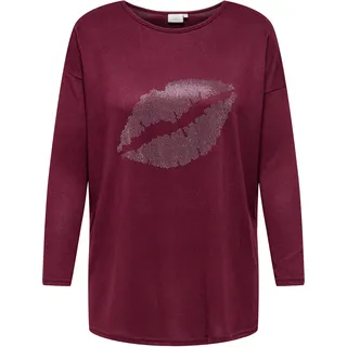 Longshirt ONLY CARMAKOMA "CARALBA LS LONG TOP JRS", Damen, Gr. L, rot (zinfandel detail:lips), Jersey, Obermaterial: 95% Polyester, 5% Elasthan, bedruckt, loose fit Po-bedeckend, Rundhals, Shirts Longshirt, mit Glitzernieten