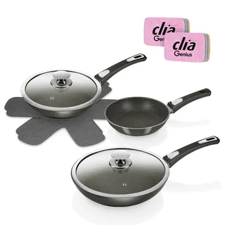 Pfannen-Set GENIUS "Bonafit Ø 20, 24, 28 cm, inkl. Rainbow Schwämme, Set 9-tlg.", schwarz, B:29,8cm H:9,4cm L:30cm Ø:28cm, Pfannen, Pfannen-Set, abnehmbarer Griff, hitzebeständig, spülmaschinengeeignet