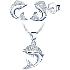 Yumilok Damen Schmuckset für Damen Halskette & Ohrringe Set Delfin Anhänger Kette Ohrstecker in 925 Sterling Silber für Frauen