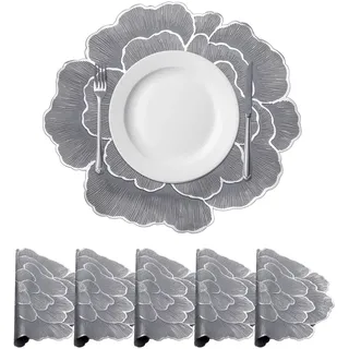 QUARKZMAN Silber Rand Grau Blumen Rose Runde Platzteller Set Von 6 Für Esstische Metallisch Polyvinyl Gepresste Platzteller Waschbare Tischsets Für Esstisch Deko (15" x 15"/38 x 38cm)