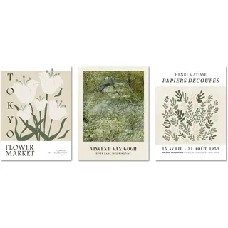 ARTFAVES® Poster Set - Art Galerie Green Botanic - mehrteilige Wanddeko Wohnzimmer, Schlafzimmer, Büro, Flur - 3 moderne Wandbilder grün, Pflanzen, Van Gogh, Flower Market - ohne Bilderrahmen