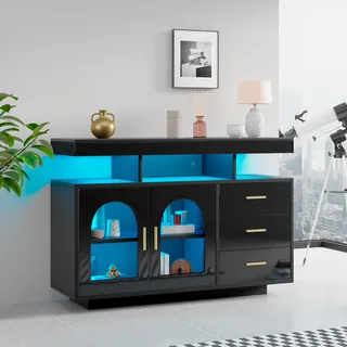 Fortuna Lai LED-Sideboard-Buffetschrank, 120 cm großer Kaffeebarschrank, Schubladenschrank, Sideboard Wohnzimmer, Hochglanz-Küchenschrank mit 16-Farben-Lichtern für das Esszimmer (Schwarz) - Schwarz