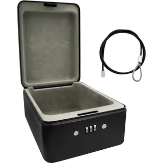 IDENA 50119 - Sicherheitsbox aus Stahl, schwarzer Tresor mit Zahlenschloss und Sicherungskabel, ca. 20 x 15 x 6,5 cm