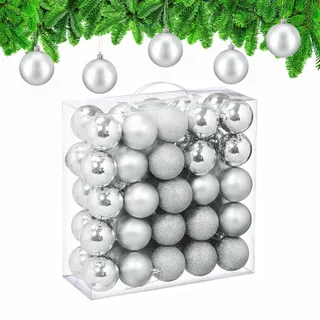 Relaxdays Weihnachtskugeln im 50er Set, Kunststoff, D: 6 cm, runde Weihnachtsbaumdeko, Baumschmuck bruchsicher, Silber