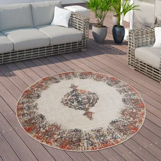 Outdoor Teppich Balkon Terrasse Vintage Küchenteppich Orient Muster Rauten Ethno Grösse 200 cm Rund - Bunt