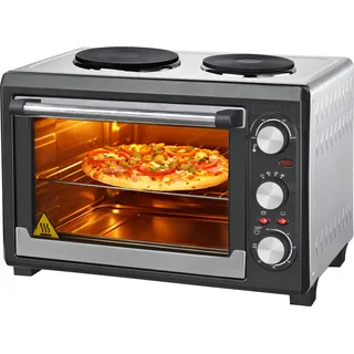 Syntrox Germany 26L Minibackofen mit 2 Kochplatten & Drehspieß – 1500W Umluft Miniküche – Kitchen Chef Schwarz - Silber