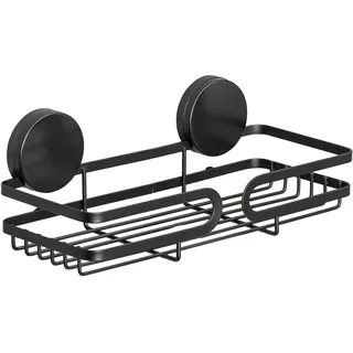 Wenko Static-Loc® Plus Pavia Schwarz, Badezimmerregal, Befestigen ohne bohren, sicherer Halt durch statische Haftung auf glatten, luftundurchlässigen Flächen, 26 x 9,7 x 12cm, Stahl