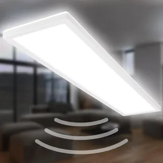 Briloner - LED Deckenlampe mit Bewegungsmelder, flach, IP44 Spritzwasserschutz, LED Deckenleuchte, LED Panel, Badlampe, Badezimmerlampe, Küchenlampe, Feuchtraumleuchte, 98x20x3cm (LxWxH), Weiß