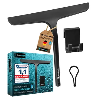 BLUMBACH® Duschabzieher schwarz, Abzieher Dusche mit Halterung 28 cm breit, Fensterabzieher Silikon Abzieher mit Edelstahl Kern, Duschwand Abzieher, Flitsche Dusche, Glasabzieher