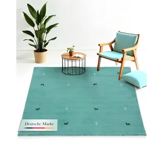 carpetfine Wollteppich »Gabbeh-Uni« quadratisch 15 mm Höhe reine Wolle, handgewebt, Gabbeh Loom Tiermotiv, Sonderform Quadrat, blau