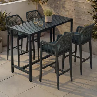 Set Bartisch + 4x Barhocker HWC-P91, Barstuhl Stehtisch, Outdoor Sitzpolster Seilgeflecht Metall grün - Grün
