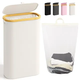 Bathola Schmaler Wäschekorb mit Deckel & Herausnehmbarem Wäschesack, Beige | 75L Bambusrahmen, Platzsparender Wäschebehälter, Faltbarer Wäschesammler für Bad, Schlafzimmer, Waschküche & Wohnmobil