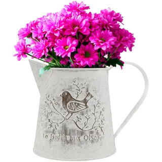 BELLE VOUS Vintage Blumentopf Metallvase Retro 13 cm - Französische Milchkanne Deko Landhausstil mit Griff - Rustikale Vintage Blumenvase mit Vogel Deko - Topf für Haus, Hochzeit und Büro