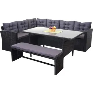 Poly-Rattan-Garnitur HWC-A29, Gartengarnitur Sitzgruppe Lounge-Esstisch-Set, schwarz Kissen dunkelgrau, mit Bank - Schwarz