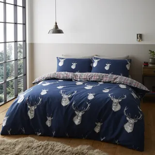 Catherine Lansfield Bettwäsche Munro Hirsch Karo Navy Bettbezug 160x220+50x110
