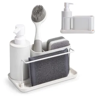 Kook Time Spülbecken Organizer und Spülmittelspender Küche Set - Seifenspender mit Schwammhalter und Spülbürste Halterung, Ideal für Küchenspüle - Weiß - 21X12X19 cm.