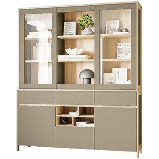 Furn.Design Buffet Salbei grün, Eiche, Vitrinenschrank skandinavisch 164 x 195 cm, Soft-Close , Salbeigrün, Eichefarben , Holzwerkstoff , Nachbildung,Eiche , Holz Optik , 3 Schubladen , 164x195x39 cm , FSC Mix , Esszimmer, Anrichten, Buffetschränke