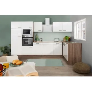 Respekta Winkelküche Oliver L-Form 340 x 172 cm E-Geräte weiß seidenglanz/eiche york nachbildung