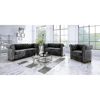 S-STYLE MÖBEL - Chesterfield Jutta Polstergarnitur 3+2+1 aus Schwarz Samt-Stoff mit Holzfüßen, B/T/H: 3er - 203 cm / 86cm / 72 cm - Schwarz