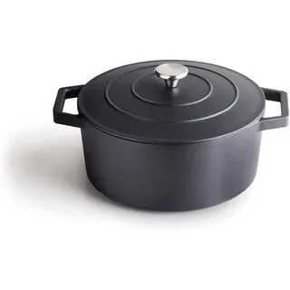 Qulinart Bräter Rund, Deckel aus Gusseisen mit Knopf aus Edelstahl - 28cm - Schwarz