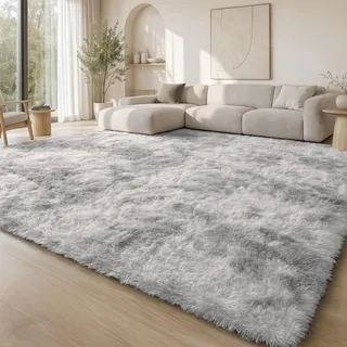 Homaxy Hochflor Tie Dye Groß Teppich Wohnzimmer 200 x 300 cm, Hellgrau
