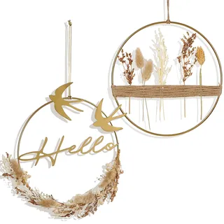 Optyuwah Trockenblumenkranz mit Gold Metallring, 2er Hängen Türkranz Trockenblumen Boho Fensterdeko Ganzjährig BlumenkranzTrockenblumenring für Wand,Tür,Fenster Deko