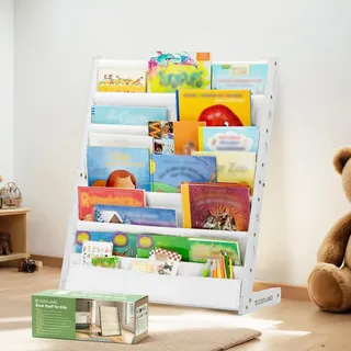 COSYLAND Bücherregal Kinder mit 6 Oxford-Stoff Fächern - Kinderbücherregal aus Naturholz - Bücherregal Kinderzimmer mit abgerundeten Ecken & platzsparend 63L x 30B x 76H cm(Weiß