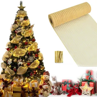 Weihnachten Lametta Girlande,Weihnachtsbaum Dekoration Girlande,Glänzend Weihnachtsbaum Ornamente,Metallfolien-Netzband Für Weihnachten 26 cm X 9,14 m (Gold)