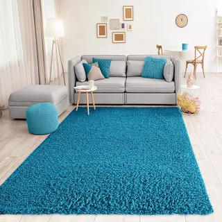 Vimoda Teppich Prime Shaggy Hochflor Langflor Einfarbig Modern Türkis für Wohnzimmer, Schlafzimmer, küche, Maße:70x250 cm
