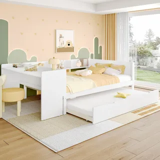 Flachbett, Holzbett, 140 x 200 cm, mit Schreibtisch, mit Ausziehbett, Doppelbett (ohne Matratze), mit Regalen, Kiefernholz + Spanplatte, weiß - Weiß