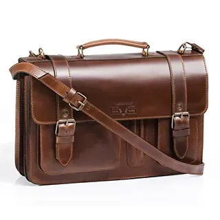 MIKA 28056302 - Aktentasche Steward aus Echt Leder/Sattelleder, Schultertasche mit 3 Hauptfächer und 2 Fronttaschen, Umhängetasche für Damen und Herren, Ledertasche in braun, ca. 43 x 17 x 29 cm