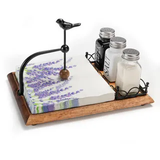 Charmanter Holzserviettenhalter mit Vogel-Design – Inklusive Platz für Salz- und Pfefferstreuer – Multifunktionaler schwarzer Serviettenhalter für Tisch, Küche und Außenbereich