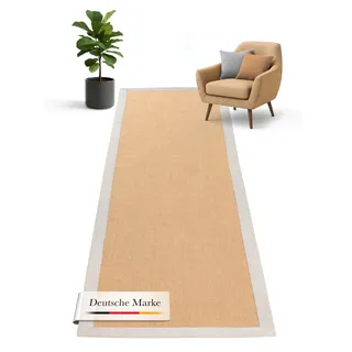 carpetfine Sisalteppich Läufer Naturfarbe 70x240 cm handgewebt mit Bordüre aus Baumwolle in Taupe | Rutschfester Flachgewebe Teppichläufer Uni aus Naturfasern für Wohnzimmer, Schlafzimmer