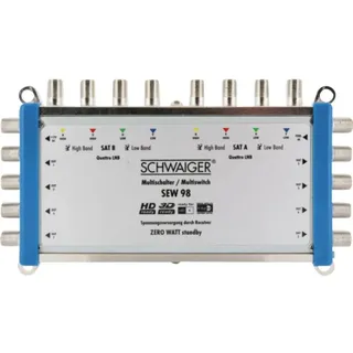 Schwaiger SEW98 531 Multischalter (2 Satellitenpositionen, bis zu 8 Teilnehmer, kein Netzanschluss nötig; DVB-T2 geeignet) Silber