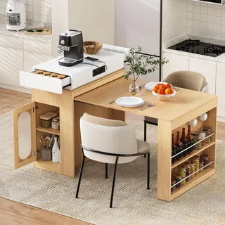 Merax Kücheninsel mit Rollen, Ausziehbarer Esstisch, Stauraum und Steckdosen, Flexibles Sideboard Servierwagen für Küche und Esszimmer, Natur - Naturbelassen