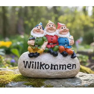 LB H&F Gartenzwerge Dekofigur lustige Zwerge WILLKOMMEN Gartendeko Figur - wetterfest - frostsicher Gartenzwergeset Außenbereich (Stein)