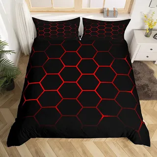 Bettwäsche mit Wabenmuster, Schwarz, Rot, Geometrie, Hexagon, Bettbezug, Diamant, Lattice Bettwäsche, einfach, modern, 140 x 200 cm, Jungen, Männer, Cool, Bettbezug, Jugendliche
