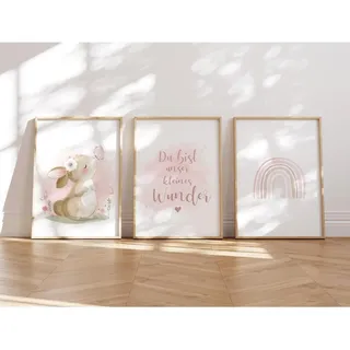 MeinBaby123® Bilder Kinderzimmer | 3er Set DIN A4 Poster Set | Wandbilder mit Spruch | Regenbogen | Deko Kinderzimmer Mädchen | Babyzimmer Deko | Wandposter Premium (Hase)