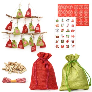 Dunedesign Adventskalender zum Selbstbefüllen, 24 Geschenk-Säckchen Rot , Kunststoff , Rechteckig , 9.5x3x13 cm , Dekoration, Weihnachtsdekoration