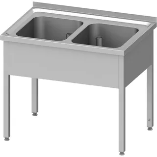 Spültisch ohne Grundboden 1000x700x850 mm, mit zwei Becken mit Aufkantung, verschweißt - Silber